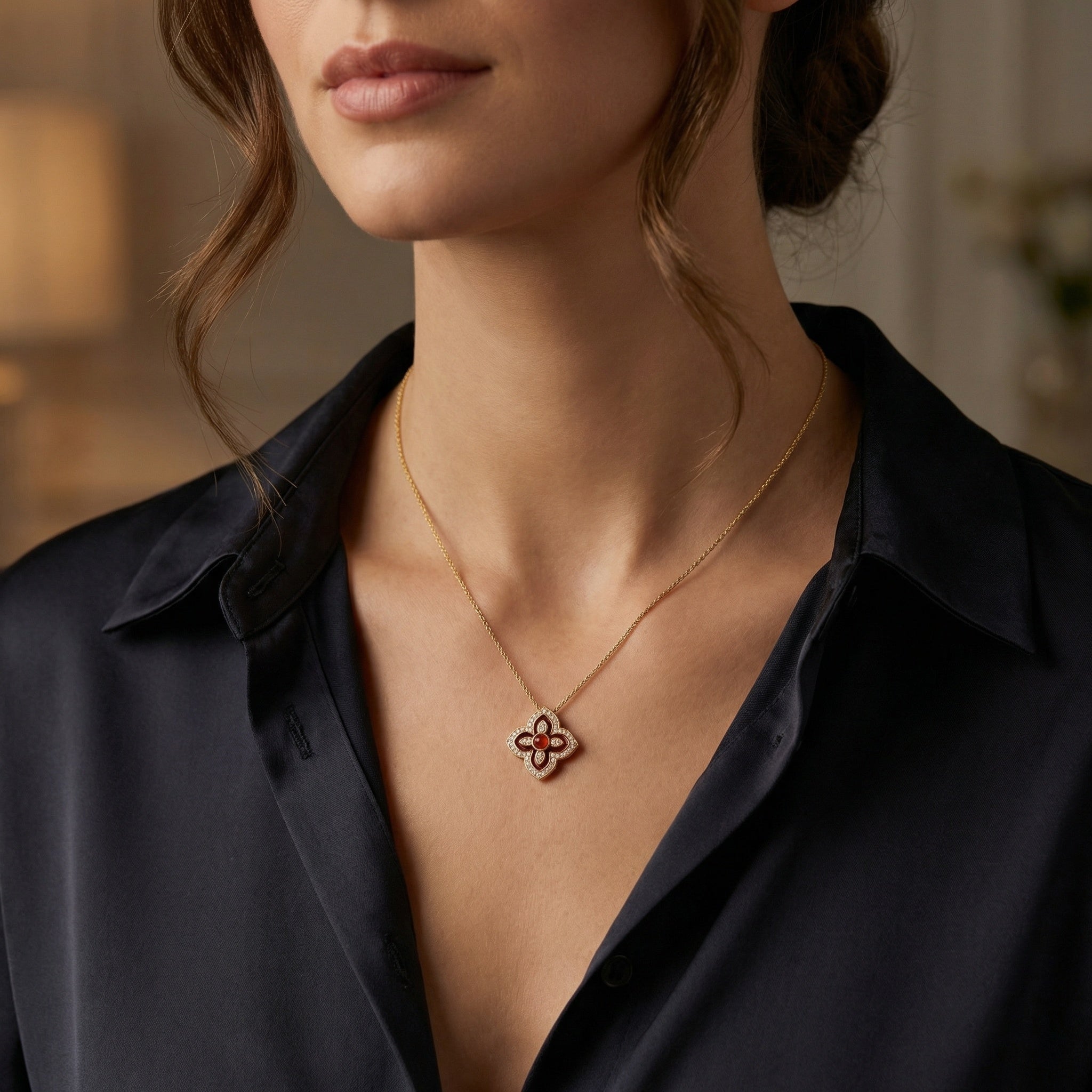 Woman wearing a gold necklace with a floral pendant against a blurred indoor background