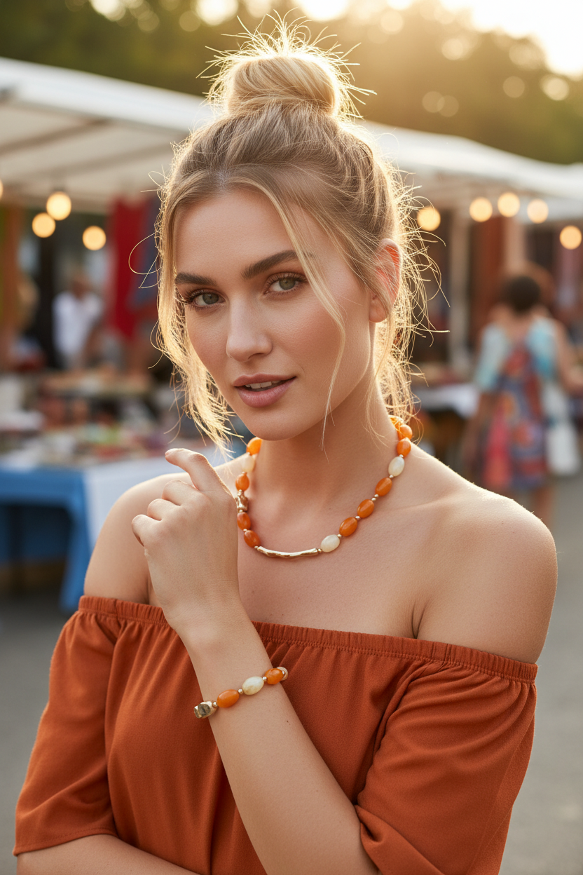 Rétro Geometric Bead Necklace & Bracelet Set — Gold & White