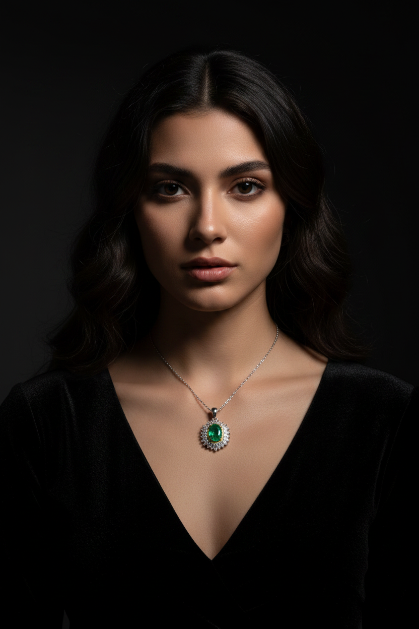 Natural Emerald Flower Pendant Necklace in 925 Silver
