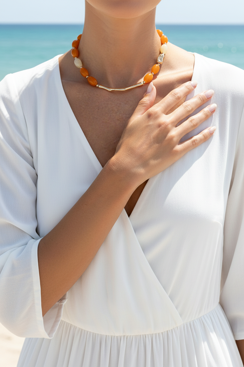 Rétro Geometric Bead Necklace & Bracelet Set — Gold & White